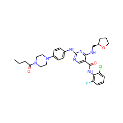 CCCC(=O)N1CCN(c2ccc(Nc3ncc(C(=O)Nc4c(F)cccc4Cl)c(NC[C@H]4CCCO4)n3)cc2)CC1 ZINC000299850598