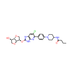 CCCC(=O)NC1CCN(c2ccc(-c3nc4[nH]c(O[C@@H]5CO[C@H]6[C@H](O)CO[C@@H]65)nc4cc3Cl)cc2)CC1 ZINC001772624007