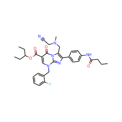 CCCC(=O)Nc1ccc(-c2nc3n(Cc4ccccc4F)cc(C(=O)OC(CC)CC)c(=O)n3c2CN(C)CC#N)cc1 ZINC000026287043