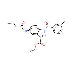 CCCC(=O)Nc1ccc2c(c1)c(C(=O)OCC)nn2C(=O)c1cccc(C)c1 ZINC000096273887