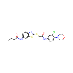 CCCC(=O)Nc1ccc2nc(SCC(=O)Nc3ccc(N4CCOCC4)c(Cl)c3)sc2c1 ZINC000000624679