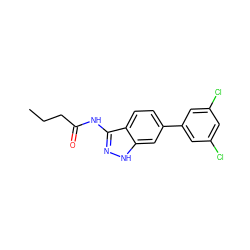 CCCC(=O)Nc1n[nH]c2cc(-c3cc(Cl)cc(Cl)c3)ccc12 ZINC000049035054