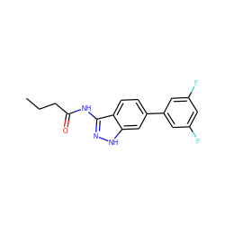 CCCC(=O)Nc1n[nH]c2cc(-c3cc(F)cc(F)c3)ccc12 ZINC000049109497