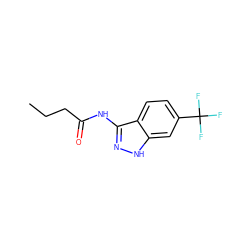 CCCC(=O)Nc1n[nH]c2cc(C(F)(F)F)ccc12 ZINC000038438581