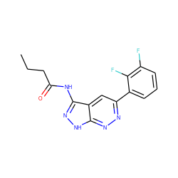 CCCC(=O)Nc1n[nH]c2nnc(-c3cccc(F)c3F)cc12 ZINC000063298563