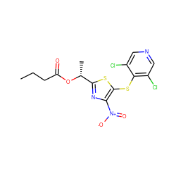 CCCC(=O)O[C@H](C)c1nc([N+](=O)[O-])c(Sc2c(Cl)cncc2Cl)s1 ZINC001772618706