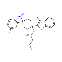 CCCC(=O)OC1(c2[nH]c3ccccc3c2C)CCC(c2cccc(F)c2)(N(C)C)CC1 ZINC001772619080