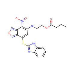 CCCC(=O)OCCNc1cc(Sc2nc3ccccc3[nH]2)c2nonc2c1[N+](=O)[O-] ZINC000008683033