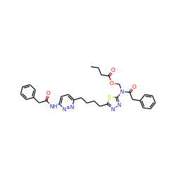 CCCC(=O)OCN(C(=O)Cc1ccccc1)c1nnc(CCCCc2ccc(NC(=O)Cc3ccccc3)nn2)s1 ZINC000169698299