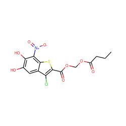 CCCC(=O)OCOC(=O)c1sc2c([N+](=O)[O-])c(O)c(O)cc2c1Cl ZINC000049114066