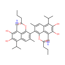 CCCC(=O)Oc1c(-c2c(C)cc3c(C(C)C)c(O)c(O)c(C#N)c3c2OC(=O)CCC)c(C)cc2c(C(C)C)c(O)c(O)c(C#N)c12 ZINC000029483389