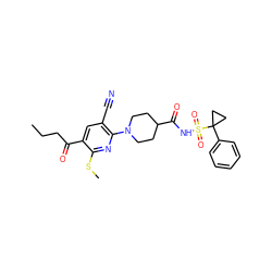 CCCC(=O)c1cc(C#N)c(N2CCC(C(=O)NS(=O)(=O)C3(c4ccccc4)CC3)CC2)nc1SC ZINC000140262596