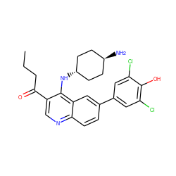 CCCC(=O)c1cnc2ccc(-c3cc(Cl)c(O)c(Cl)c3)cc2c1N[C@H]1CC[C@H](N)CC1 ZINC000473194827