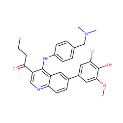 CCCC(=O)c1cnc2ccc(-c3cc(Cl)c(O)c(OC)c3)cc2c1Nc1ccc(CN(C)C)cc1 ZINC000219346857