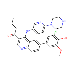 CCCC(=O)c1cnc2ccc(-c3cc(Cl)c(O)c(OC)c3)cc2c1Nc1ccc(N2CCNCC2)nc1 ZINC000219375285