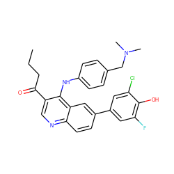 CCCC(=O)c1cnc2ccc(-c3cc(F)c(O)c(Cl)c3)cc2c1Nc1ccc(CN(C)C)cc1 ZINC000203798419