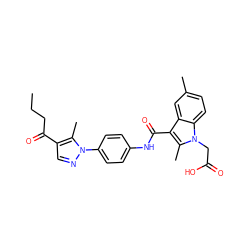 CCCC(=O)c1cnn(-c2ccc(NC(=O)c3c(C)n(CC(=O)O)c4ccc(C)cc34)cc2)c1C ZINC000299834615