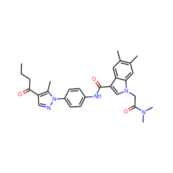 CCCC(=O)c1cnn(-c2ccc(NC(=O)c3cn(CC(=O)N(C)C)c4cc(C)c(C)cc34)cc2)c1C ZINC000299834893