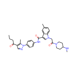 CCCC(=O)c1cnn(-c2ccc(NC(=O)c3cn(CC(=O)N4CCC(NC)CC4)c4ccc(C)cc34)cc2)c1C ZINC000299831165