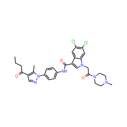 CCCC(=O)c1cnn(-c2ccc(NC(=O)c3cn(CC(=O)N4CCN(C)CC4)c4cc(Cl)c(Cl)cc34)cc2)c1C ZINC000299830277