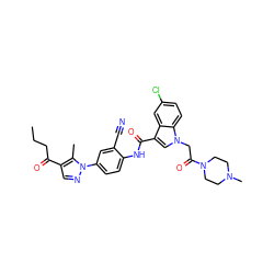 CCCC(=O)c1cnn(-c2ccc(NC(=O)c3cn(CC(=O)N4CCN(C)CC4)c4ccc(Cl)cc34)c(C#N)c2)c1C ZINC000203554373