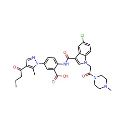 CCCC(=O)c1cnn(-c2ccc(NC(=O)c3cn(CC(=O)N4CCN(C)CC4)c4ccc(Cl)cc34)c(C(=O)O)c2)c1C ZINC000299835512