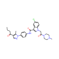 CCCC(=O)c1cnn(-c2ccc(NC(=O)c3cn(CC(=O)N4CCN(C)CC4)c4ccc(Cl)cc34)cc2)c1C ZINC000203554569