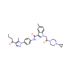 CCCC(=O)c1cnn(-c2ccc(NC(=O)c3cn(CC(=O)N4CCN(C5CC5)CC4)c4ccc(C)cc34)cc2)c1C ZINC000299835482