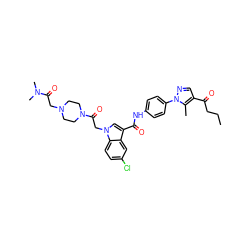 CCCC(=O)c1cnn(-c2ccc(NC(=O)c3cn(CC(=O)N4CCN(CC(=O)N(C)C)CC4)c4ccc(Cl)cc34)cc2)c1C ZINC000299830227