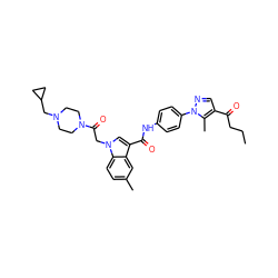 CCCC(=O)c1cnn(-c2ccc(NC(=O)c3cn(CC(=O)N4CCN(CC5CC5)CC4)c4ccc(C)cc34)cc2)c1C ZINC000299825315