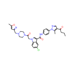 CCCC(=O)c1cnn(-c2ccc(NC(=O)c3cn(CC(=O)N4CCN(Cc5cc(C)on5)CC4)c4ccc(Cl)cc34)cc2)c1C ZINC000203555237