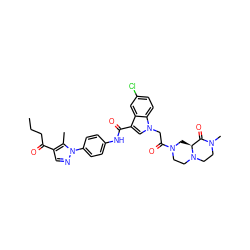 CCCC(=O)c1cnn(-c2ccc(NC(=O)c3cn(CC(=O)N4CCN5CCN(C)C(=O)[C@@H]5C4)c4ccc(Cl)cc34)cc2)c1C ZINC000203554366