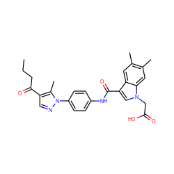 CCCC(=O)c1cnn(-c2ccc(NC(=O)c3cn(CC(=O)O)c4cc(C)c(C)cc34)cc2)c1C ZINC000203553346