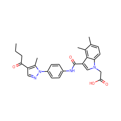 CCCC(=O)c1cnn(-c2ccc(NC(=O)c3cn(CC(=O)O)c4ccc(C)c(C)c34)cc2)c1C ZINC000299824309