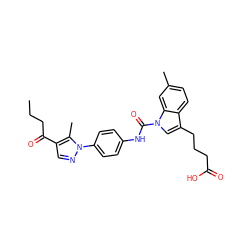 CCCC(=O)c1cnn(-c2ccc(NC(=O)n3cc(CCCC(=O)O)c4ccc(C)cc43)cc2)c1C ZINC000299825425