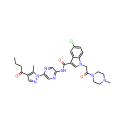 CCCC(=O)c1cnn(-c2cnc(NC(=O)c3cn(CC(=O)N4CCN(C)CC4)c4ccc(Cl)cc34)cn2)c1C ZINC000203553357