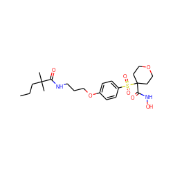 CCCC(C)(C)C(=O)NCCCOc1ccc(S(=O)(=O)C2(C(=O)NO)CCOCC2)cc1 ZINC000071341546