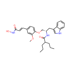 CCCC(CCC)C(=O)N[C@H](COc1ccc(/C=C/C(=O)NO)cc1OC)Cc1c[nH]c2ccccc12 ZINC000095587782