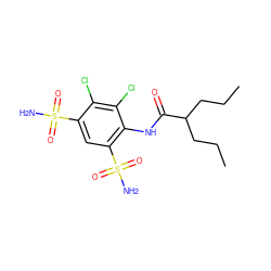 CCCC(CCC)C(=O)Nc1c(S(N)(=O)=O)cc(S(N)(=O)=O)c(Cl)c1Cl ZINC000013471984