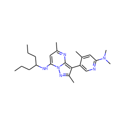 CCCC(CCC)Nc1cc(C)nc2c(-c3cnc(N(C)C)cc3C)c(C)nn12 ZINC000013583141