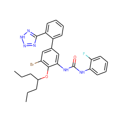 CCCC(CCC)Oc1c(Br)cc(-c2ccccc2-c2nn[nH]n2)cc1NC(=O)Nc1ccccc1F ZINC000653803736