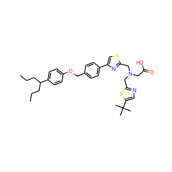 CCCC(CCC)c1ccc(OCc2ccc(-c3csc(CN(CC(=O)O)Cc4ncc(C(C)(C)C)s4)n3)cc2)cc1 ZINC000071296324