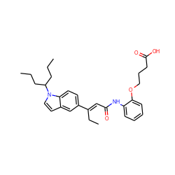 CCCC(CCC)n1ccc2cc(/C(=C/C(=O)Nc3ccccc3OCCCC(=O)O)CC)ccc21 ZINC000003784017