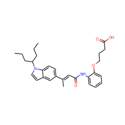 CCCC(CCC)n1ccc2cc(/C(C)=C/C(=O)Nc3ccccc3OCCCC(=O)O)ccc21 ZINC000013742329