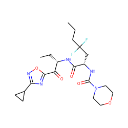 CCCC(F)(F)C[C@H](NC(=O)N1CCOCC1)C(=O)N[C@@H](CC)C(=O)c1nc(C2CC2)no1 ZINC000029125285