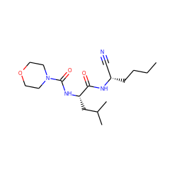 CCCC[C@@H](C#N)NC(=O)[C@H](CC(C)C)NC(=O)N1CCOCC1 ZINC000013492515