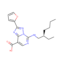 CCCC[C@@H](CC)CNc1ncc(C(=O)O)c2nc(-c3ccco3)nn12 ZINC000299834749