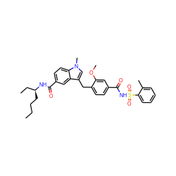 CCCC[C@@H](CC)NC(=O)c1ccc2c(c1)c(Cc1ccc(C(=O)NS(=O)(=O)c3ccccc3C)cc1OC)cn2C ZINC000027325998