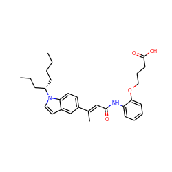 CCCC[C@@H](CCC)n1ccc2cc(/C(C)=C/C(=O)Nc3ccccc3OCCCC(=O)O)ccc21 ZINC000013742336