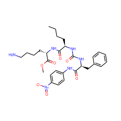 CCCC[C@@H](NC(=O)N[C@@H](Cc1ccccc1)C(=O)Nc1ccc([N+](=O)[O-])cc1)C(=O)N[C@@H](CCCCN)C(=O)OC ZINC000014952728